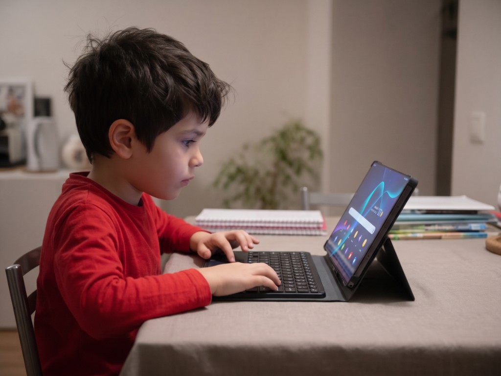 A child using a laptop at home to stay connected and learn.